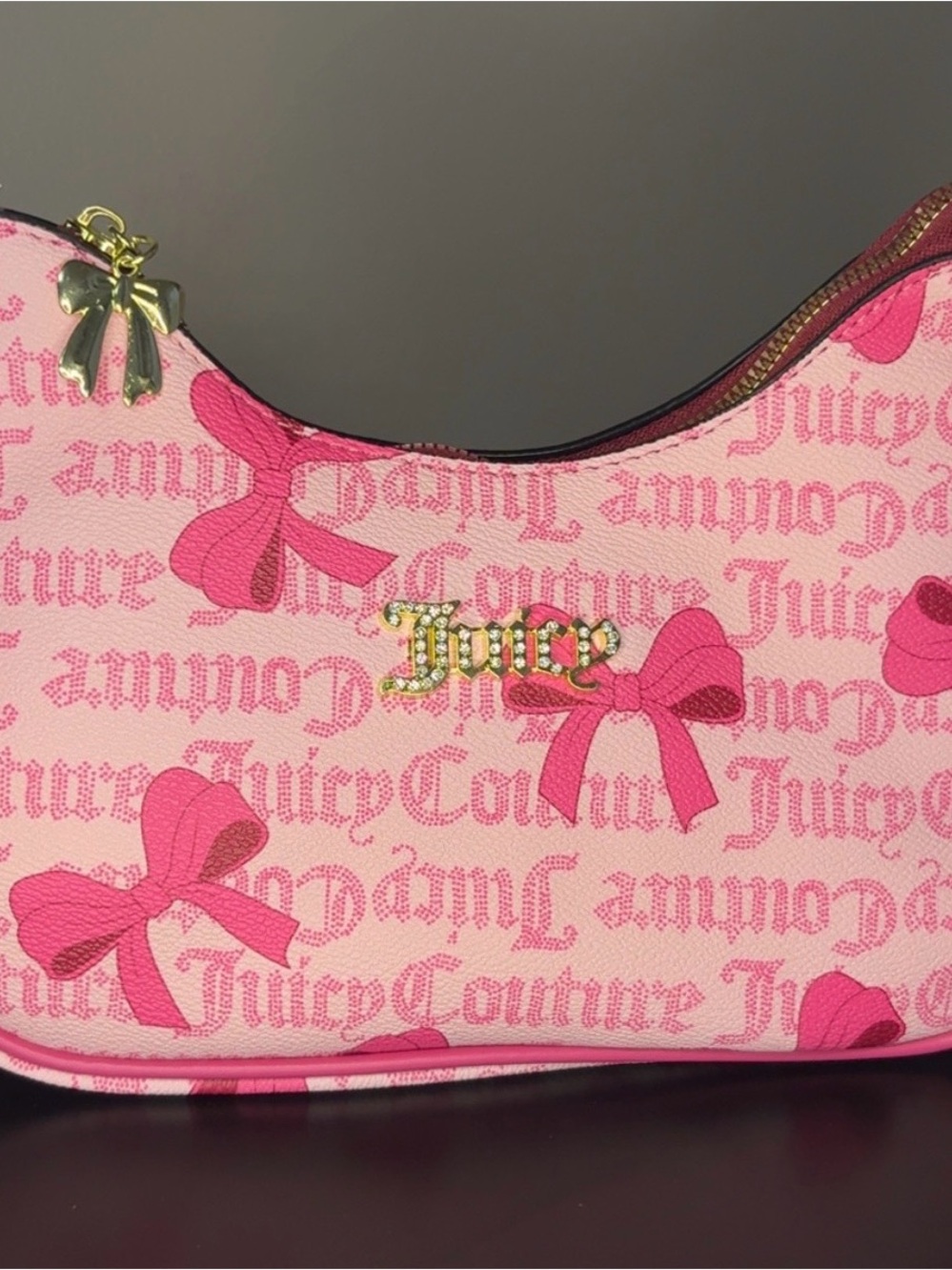 Juicy Couture Pink Bow Pattern Shoulder Bag with Gold Logo